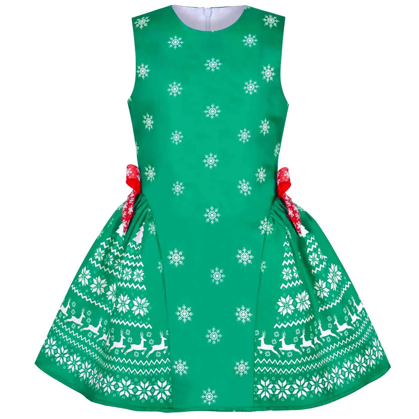 Girls Dress Green Reindeer Snowflakes Christmas Party Holiday