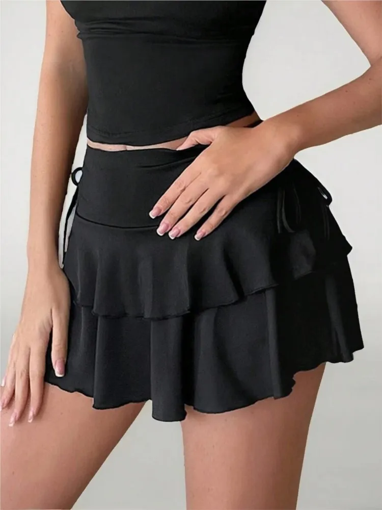 Fashion Solid Skirt For Women Elegant Sexy High Waist Ruffles Lace-up Mini Skirts Lady Holiday Beach Streetwear Women's Clothing