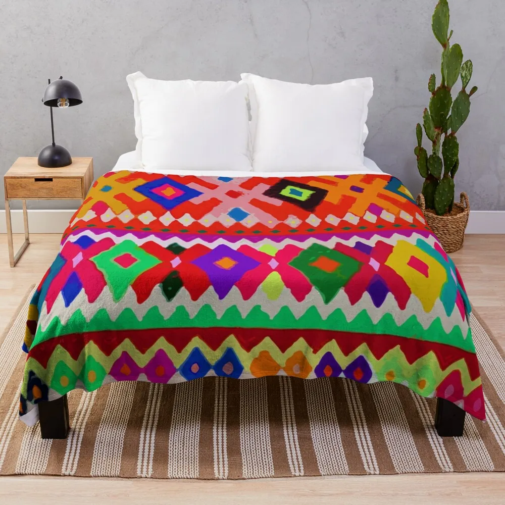 Vibrant multicolor rhombus embroidery maximalist boho chic decor Throw Blanket Decorative Throw Tourist Blankets