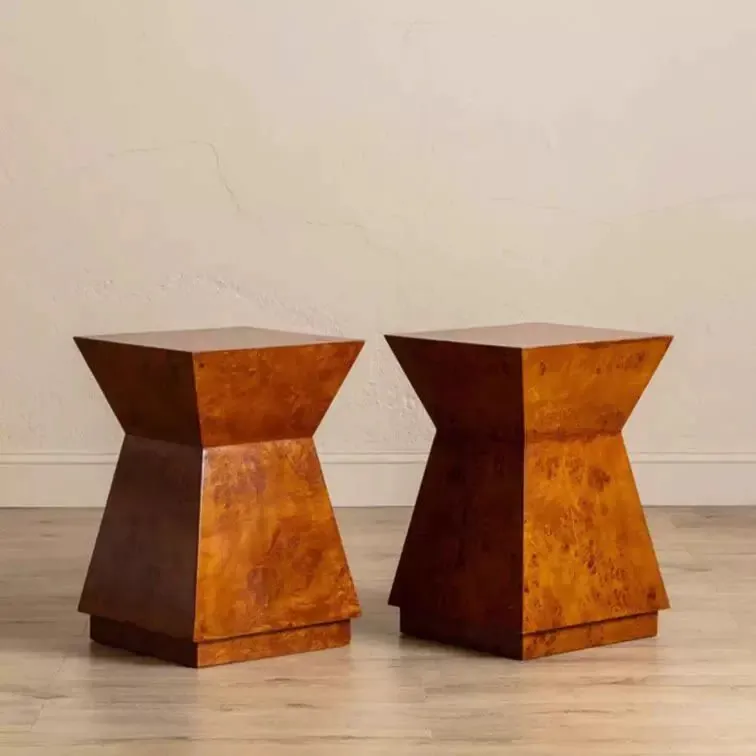 Mid Century Burl Veneer Corner  Designer Unique Geometric Side Table Wabi Sabi Wooden Stool Sofa Accent Display Stand Home Decor