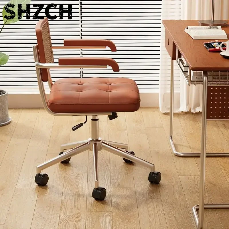 Middle Ancient Office Chair Ergonomic Armrest Desk Chair Rattan Weave Learning Computer Seat Leather Cushion Executive Chairs