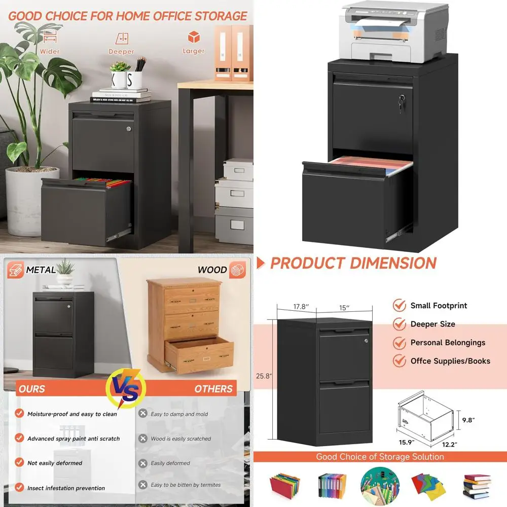 

Black Metal 2-Drawer File Cabinet with Lock, Vertical Hanging File System for Letter and A4 Documents - Assembly Required