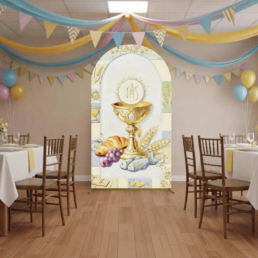 First Holy Communion Party Arch Backdrop Cover Holy Grail Bible Baby Baptism Party Decoration Customize Elastic Photo Background