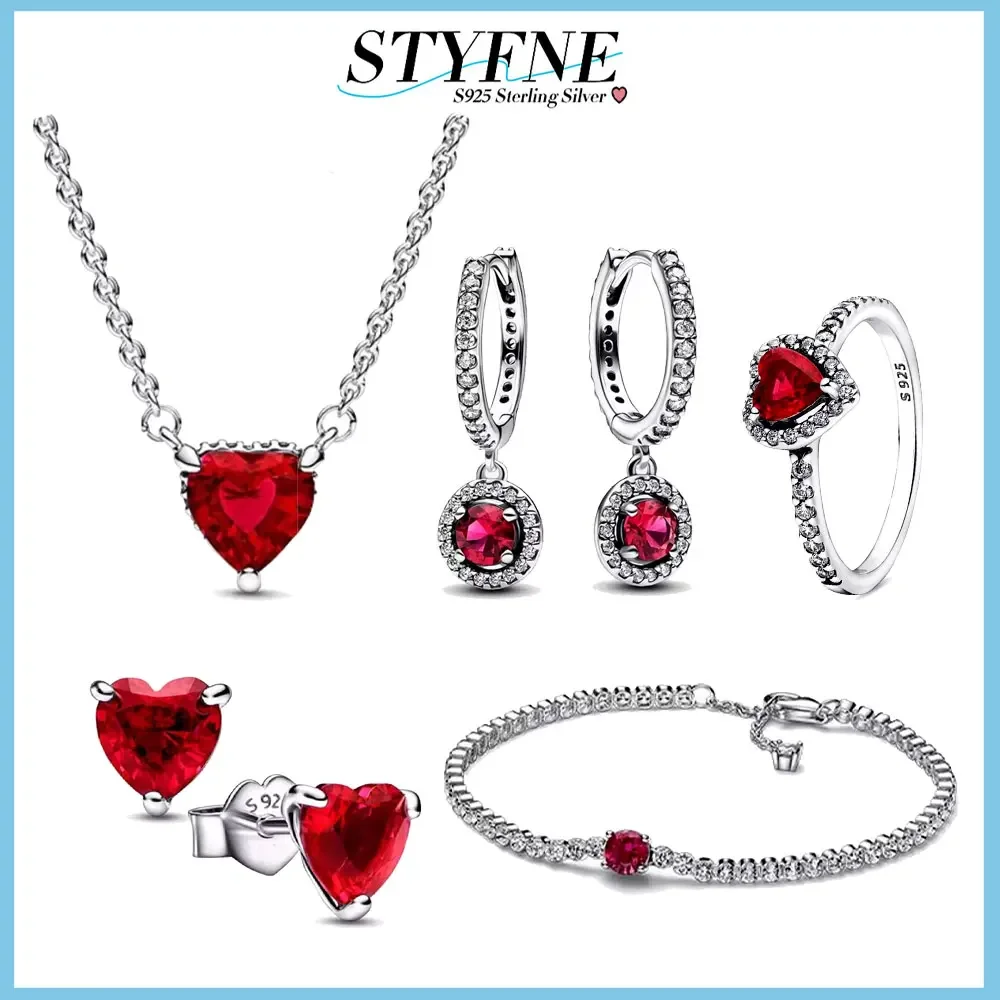 Sterling 925 Silver Sparkling Red Burning Heart Series Necklace Earrings Fit DIY Pendant Ring Women Gift