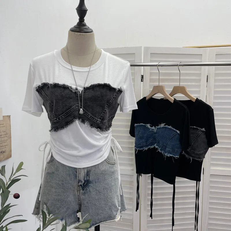 Women Stylish Shirt Sleeve T-shirt Faux Two Piece Denim Spliced Raw Edge Top Side Drawstring Cropped Slim Fitted Top 26302