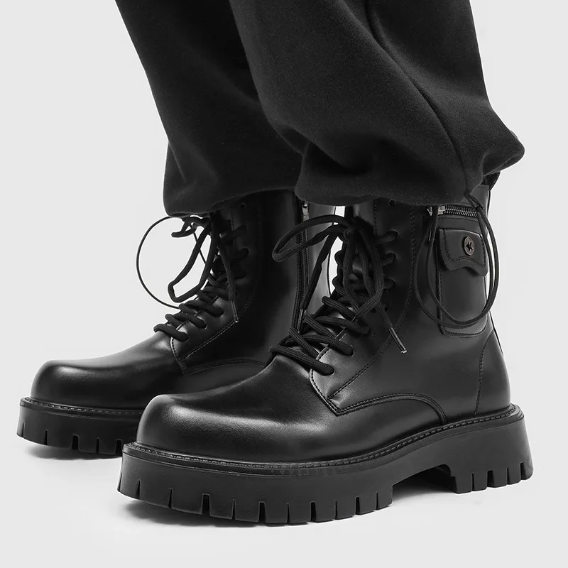 

England style men's fashion party nightclub high platform boots black white designer shoes cowboy natural leather ankle botas