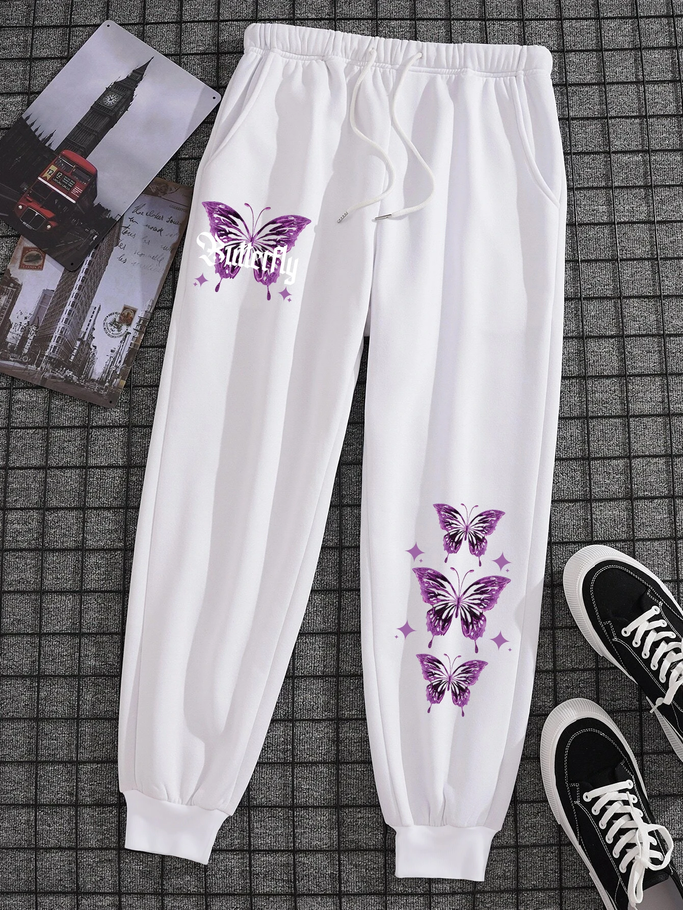 Fashion Woman Sweatpants Purple Butterfly Printed Pants Elastic Waist Comfortable Warm Trousers Autumn Winter Female Sportswear