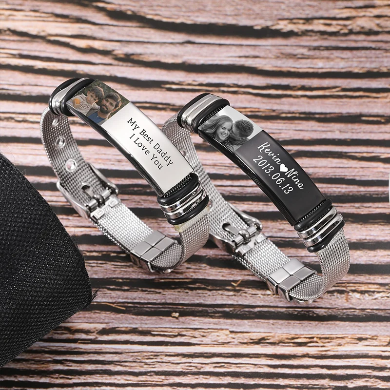 Custom Photo Text Bracelet Personalized Stainless Steel Engraved Picture Name Bracelet Custom Gifts for Women Men Boyfriend Dad