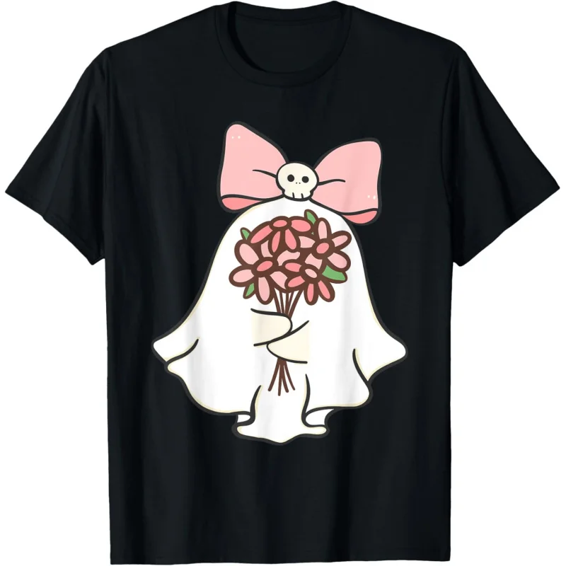 Ghosts and Flower Ghosts Season Funny Halloween Men's and Women's T-shirts Short Sleeves Black