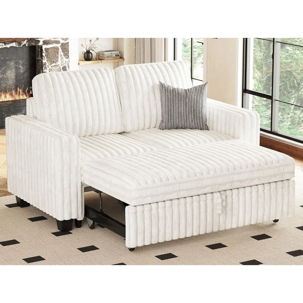 

Corduroy Sectional Sleeper Sofa with Pull Out Bed Modular Sectional Loveseat Sofa Bed for Living Room White Couch