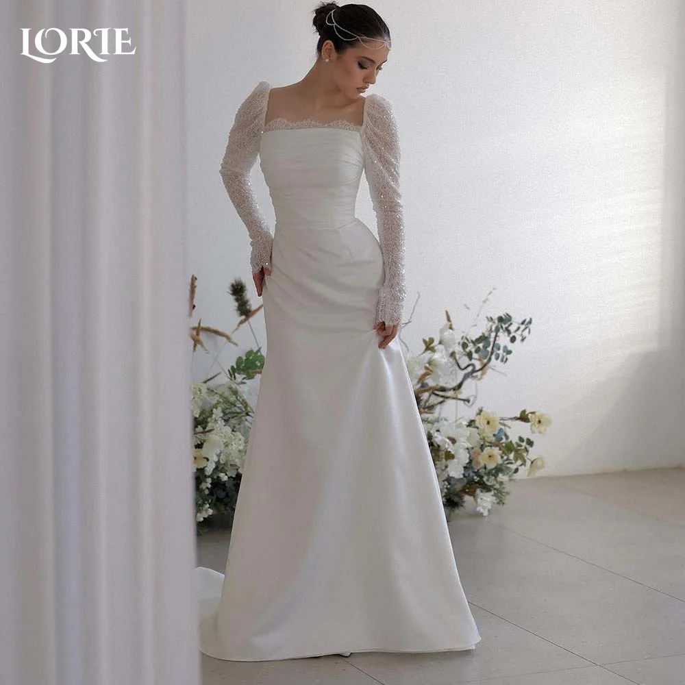 LORIE Abiti da sposa vintage Manica lunga Collo quadrato Abito da sposa a sirena Abito da sposa a maniche lunghe con paillettes Abiti da sposa sauditi