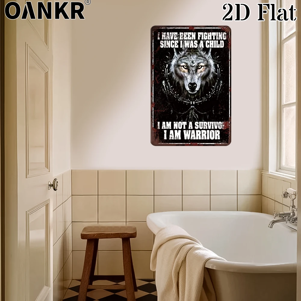 Gothic Wolf Metal Tin Sign, I Am Warrior Motivational Quote Wall Decor Iron Painting, Dark Aesthetic Decor for Man Cave Bedroom