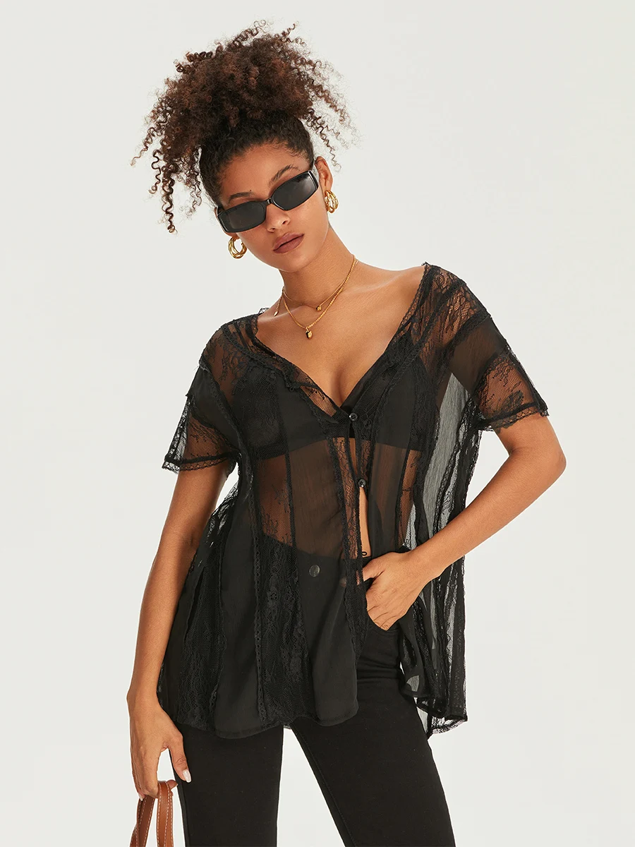 wsevypo See-Through Lace Floral Sheer Smock Tops Women's Beachwear Cover-ups Loose Pullover T-Shirts Street Club Cover Ups