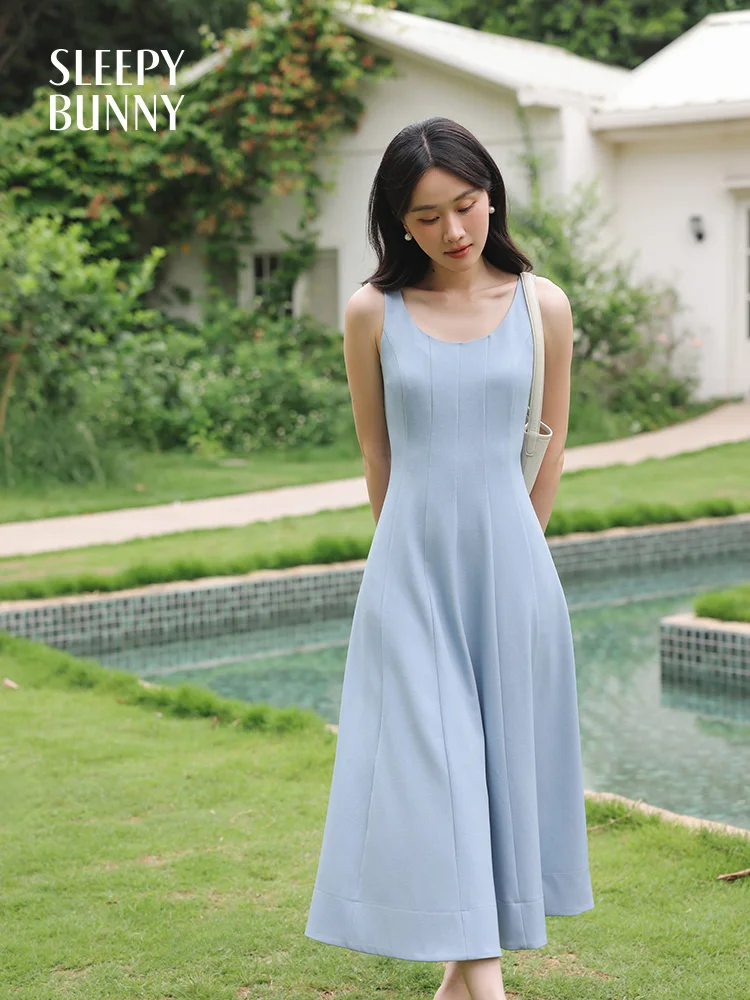 

Retro U-Neck Sleeveless Sundress Women Summer A-Line Swing Dress Petite Ladies Elegant Slim Fit Waist Hepburn Style Midi Dress