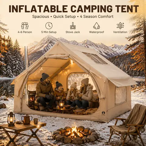 4 to 6 Person Inflatable Camping Tent 4 Season Large Family Air Tent with Roof Window Awning Stove Jack Hand Pump 10 x 8 Ft Floor 7 Ft Peak Height Waterproof Oxford Fabric Dual Doors Mesh Windows for Fall Winter Hiking Camping