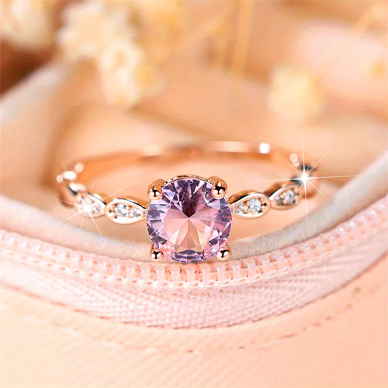 Cute Female Pink Round Zircon Stone Ring Small Thin Rose Gold Color Engagement Bride Wedding Jewelry Gift For Women