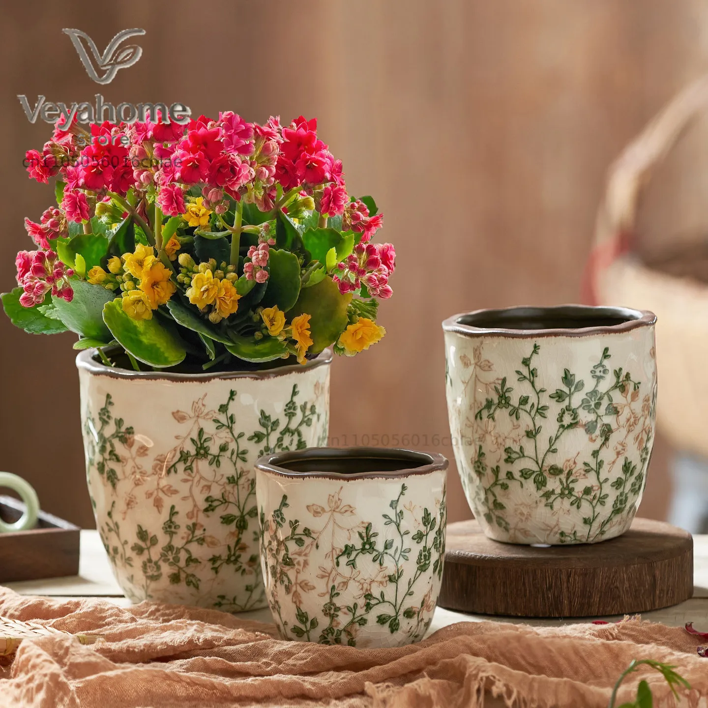 ceramic flower pot living room small fresh flowers ice cracks pastoral triangle plum butterfly orchid Chinese high-end sense