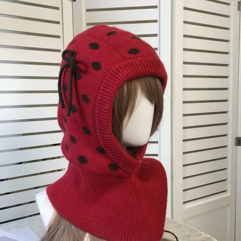 Koreanische Version Polka Dot Schleife Balaclava-Mütze Herbst- und Winter-Outdoor-Wärmeschal-Mütze Einteilige Strickmütze für Damen – Detail 1