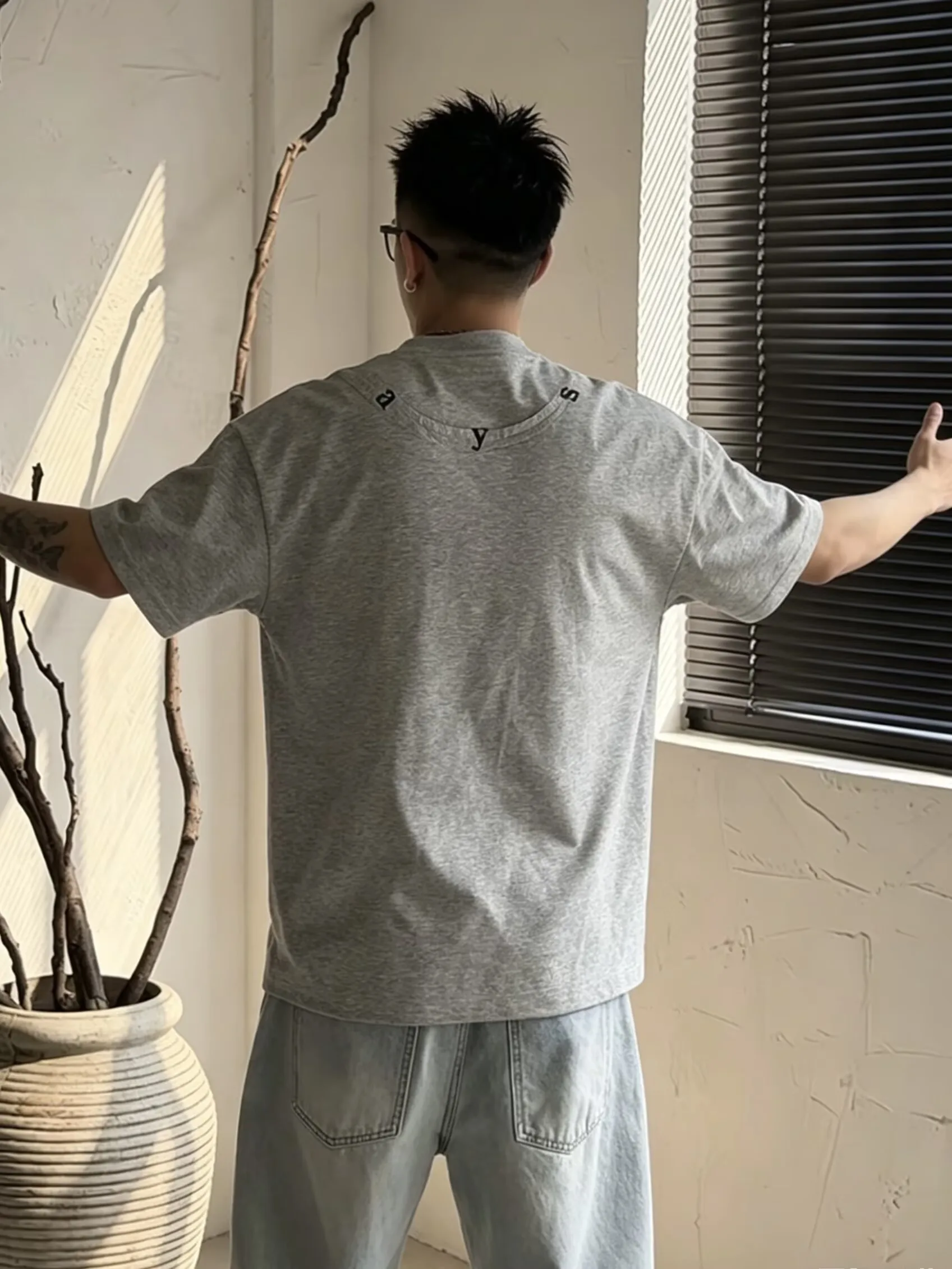 

Summer New Ice Oxygen Cotton Embroidered Loose Fit Short Sleeve round Neck Men's American Style Versatile T-Shirt Breathable