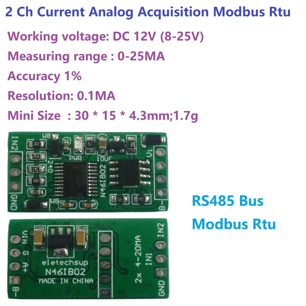 12Bit ADC Board Modbus RTU PLC 4-20MA To RS485 2 CH DC 12V 0-25MA Analog Acquisition Module