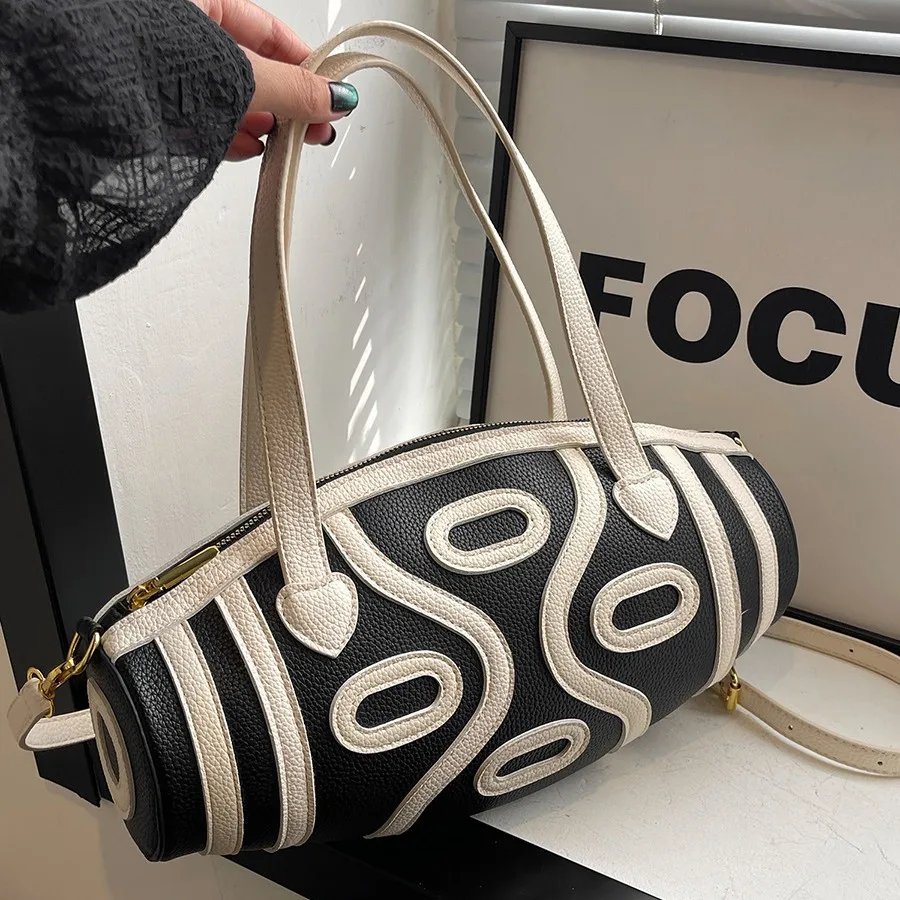 

2025 Новая женская сумка с цветными блоками, полосатая повседневная цилиндрическая сумка с креативным дизайном Dzi, кошелек на плечо