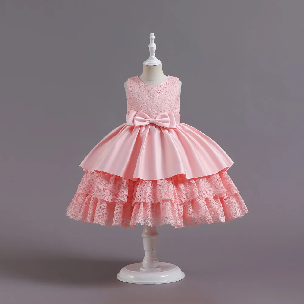 

Kid Sleeveless Princess Lace Embroidered Bodice Dress Large Satin Overlay Tiered Lace Ruffled Children Skirt Formal Girl Gown