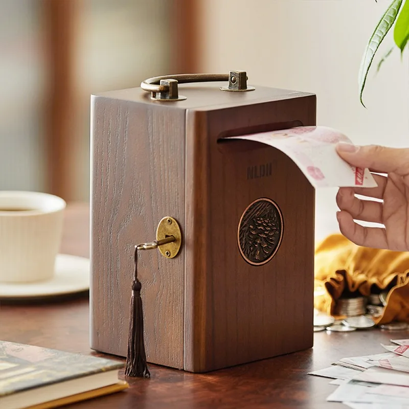 Wooden Piggy Bank with Lock Creative Money Box for Adults Kids Solid Wood Treasure Chest for Bills Coins Home Office Desk Decor