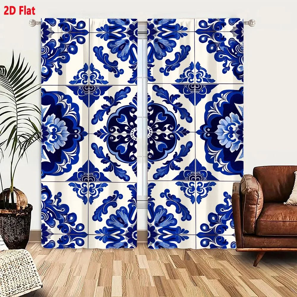 2Pcs Curtains 2D Flat Traditional Portuguese Azulejos Ceramic Tiles Pattern Cobalt Blue Floral Medallions On Creamy White Backgr