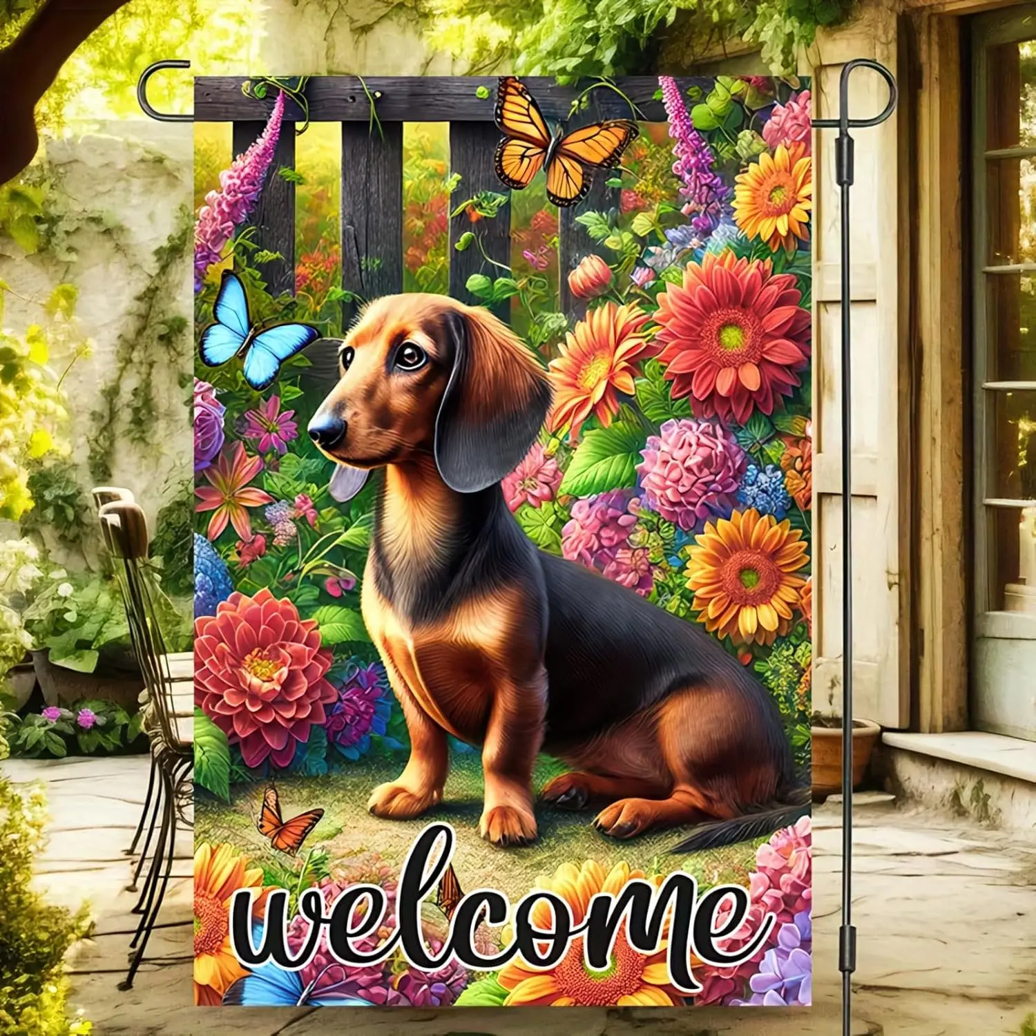 Welcome Spring Garden Flag Double Sided 12x18 Flag Spring Summer Cute Puppy Dachshund Dog Garden Flag Pet Lovers Flowers Flo yyi