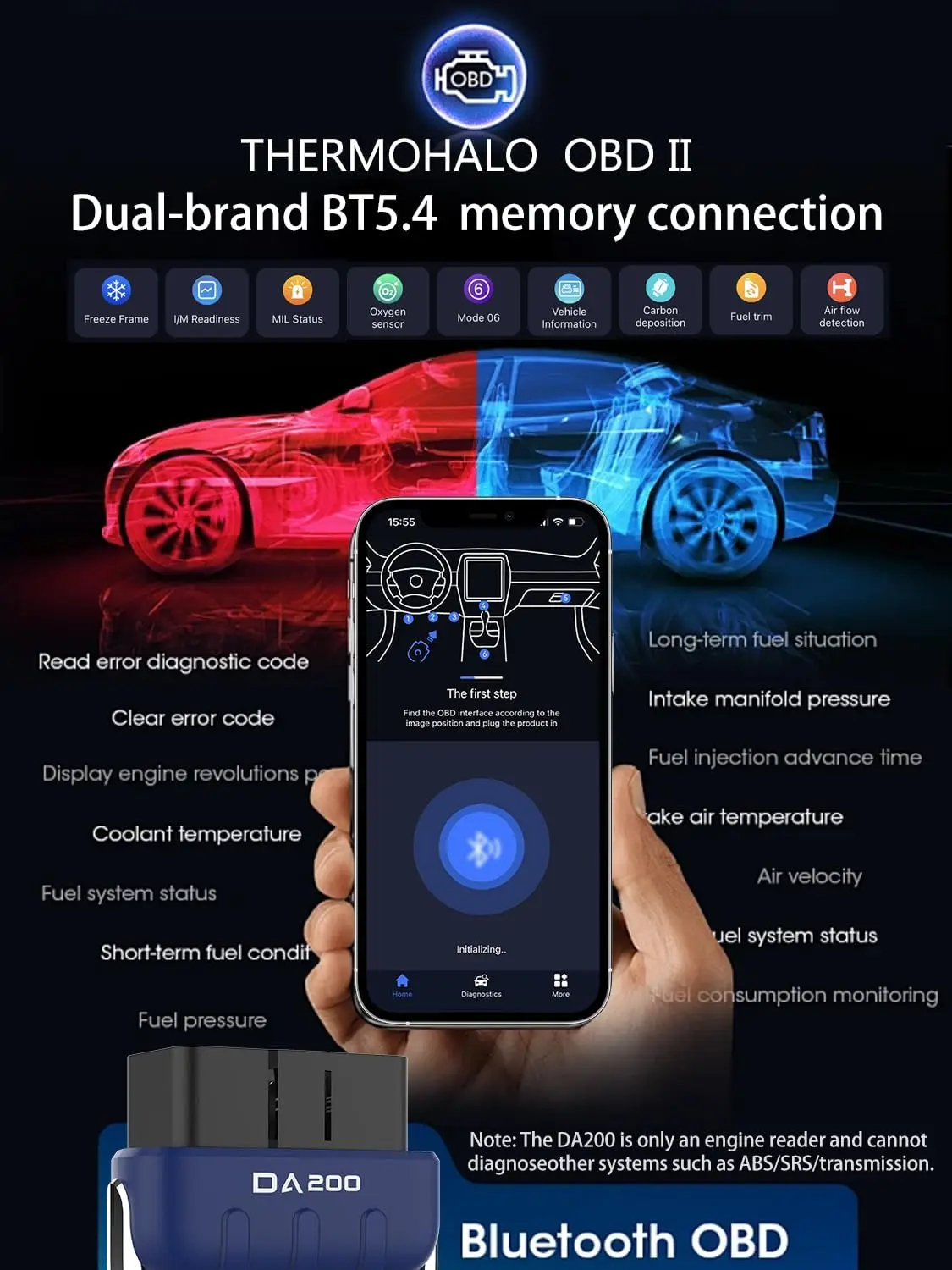 Bluetooth-сканер OBD2, считыватель кодов AI для проверки освещения двигателя, тестирования батареи и живых данных, работает с iOS/Android