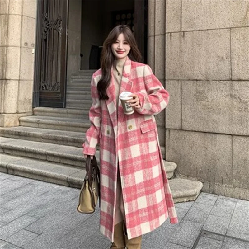 

Pink Plaid Woolen Coats Woman 2024 New autumn and Winter Thick Warm High-quality Long-sleeved Frenulum Over-the-knee Woolen Coat