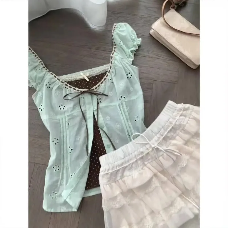 French Vintage Short Sleeve T Shirts Women Y2K Lace Slim Crop Tops Elegant Korean Style 2026 Office Lady Daily Casual Blouse - view 4