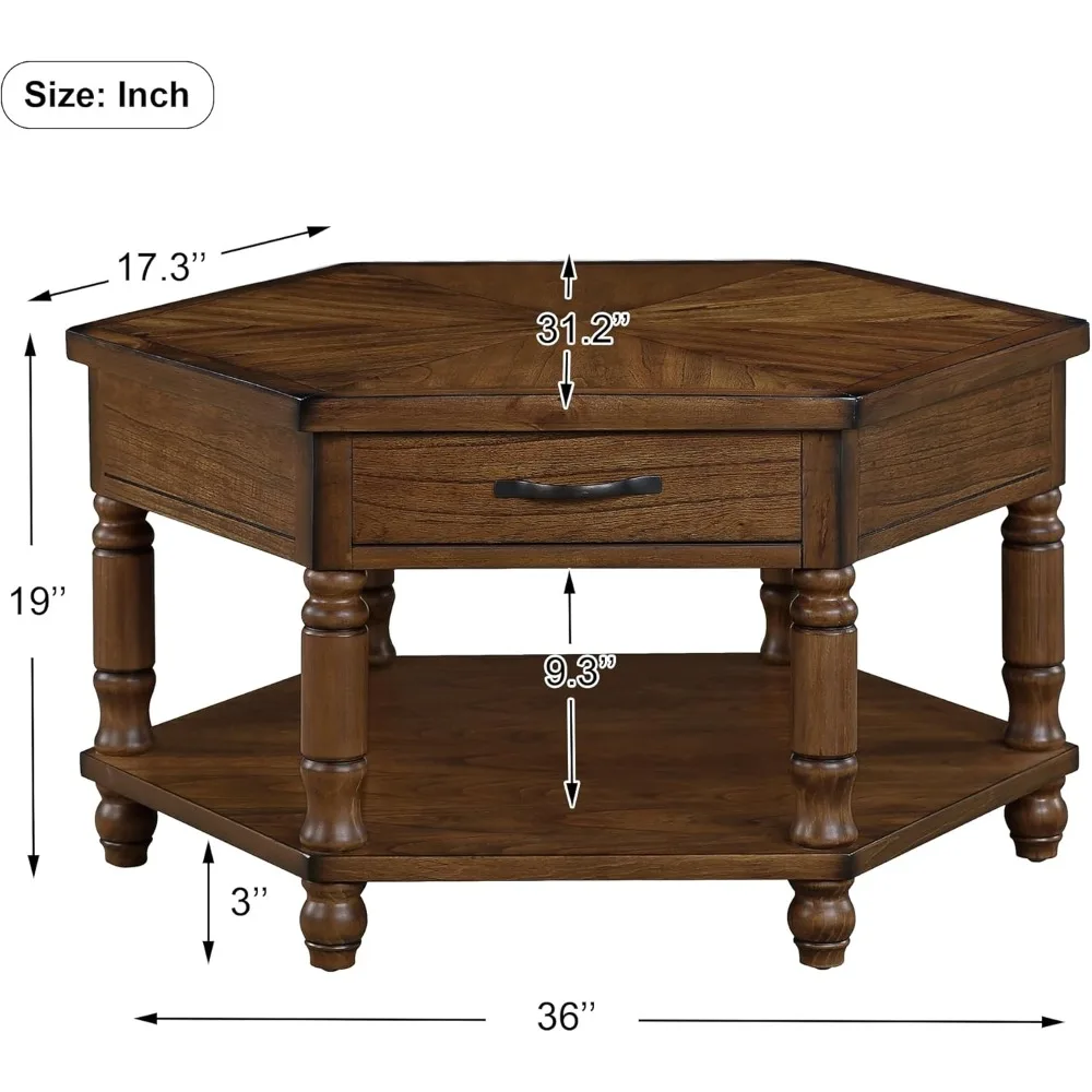 Traditional Wood Coffee Table 36-Inch Vintage Hexagon Center Table with Drawers & Storage Shelf for Living Room, Easy Assembly,