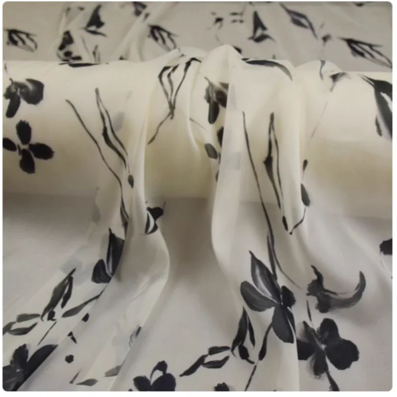 

China Wind Elegant Water Ink Big Flower Print Chiffon Fabric, Dress, Cheongsam, Han Cloth Sewing Tissue, Soft, Transparent T2346