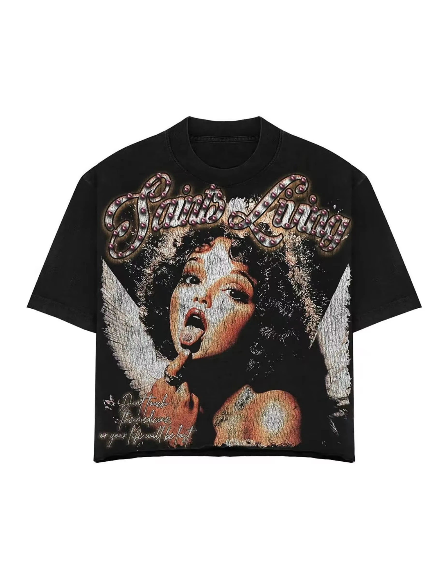 Men's Y2K Vintage Pattern T-Shirt Angel Wings and Lips Design Black Casual Short Sleeve Shirt Summer Essential Street Style