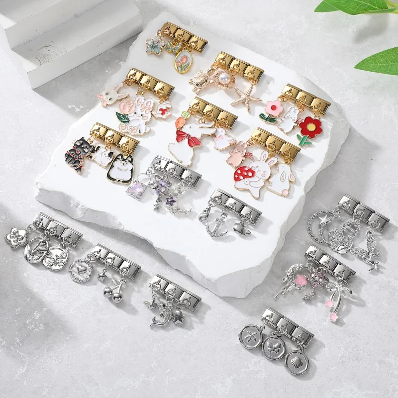 3PCS Brilliant Butterfly Dog Rabbit Shell Tulip Moon Y2K Pendant Charm Links Fit 9mm Stainless Steel Bracelet DIY Making Gift
