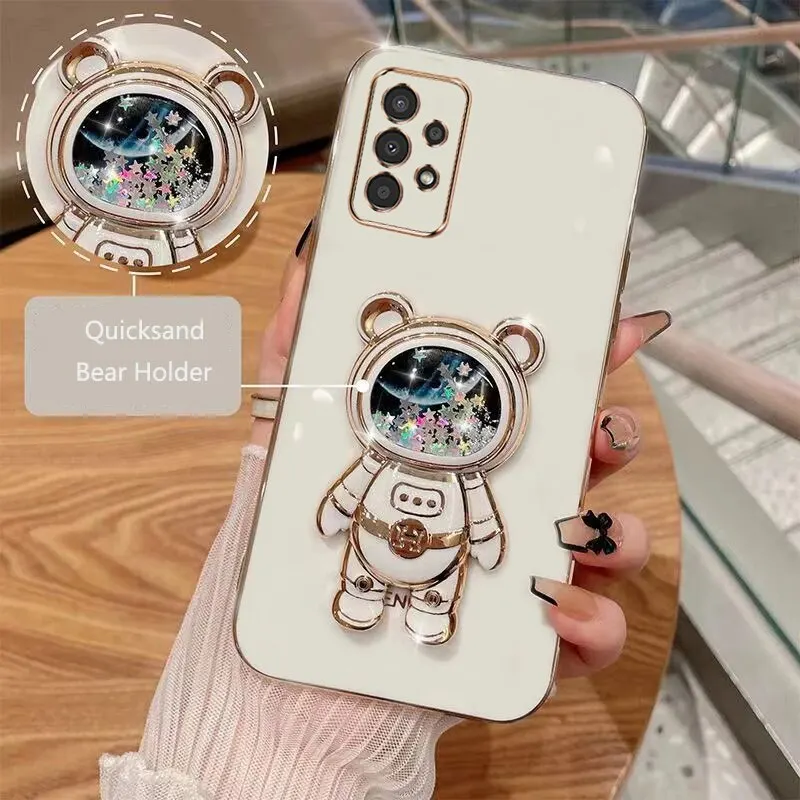 Phone Case For Samsung Galaxy A33 5G Soft Silicone Luxury Plating Cartoon Bear Fold Stand Phone Case Cover