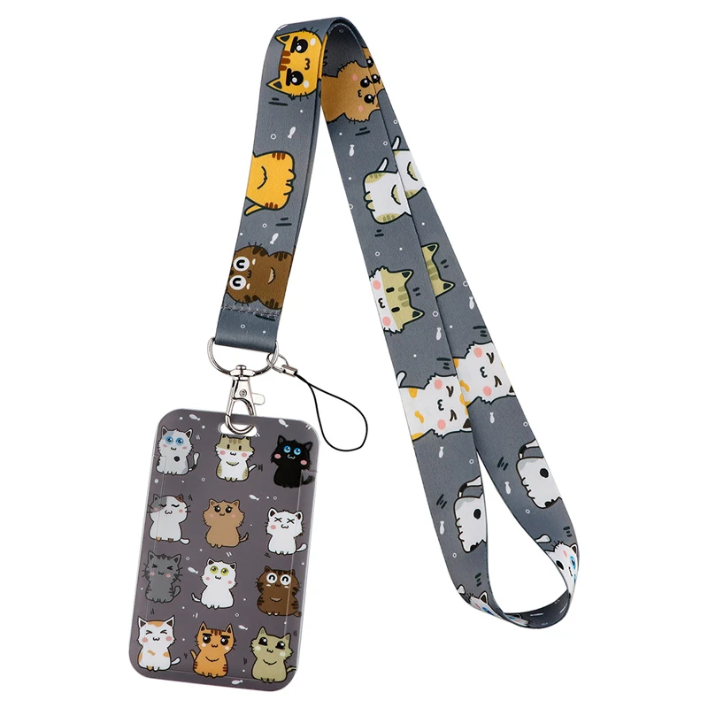 Cute Kitten Cats Art Cartoon Anime Fashion Lanyards Bus ID Name Work Card Holder Accessories Decorations Kids Gifts