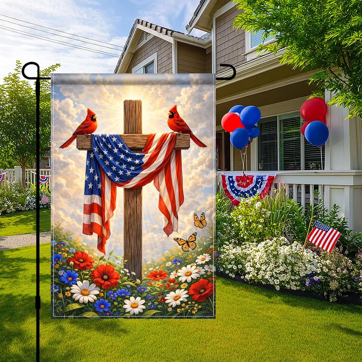 BlissYard Patriotic Cross Garden Flag 12x18 Polyester Double Sided | Memorial Day Banner Outdoor Yard Sign Porch Lawn Patio  uui