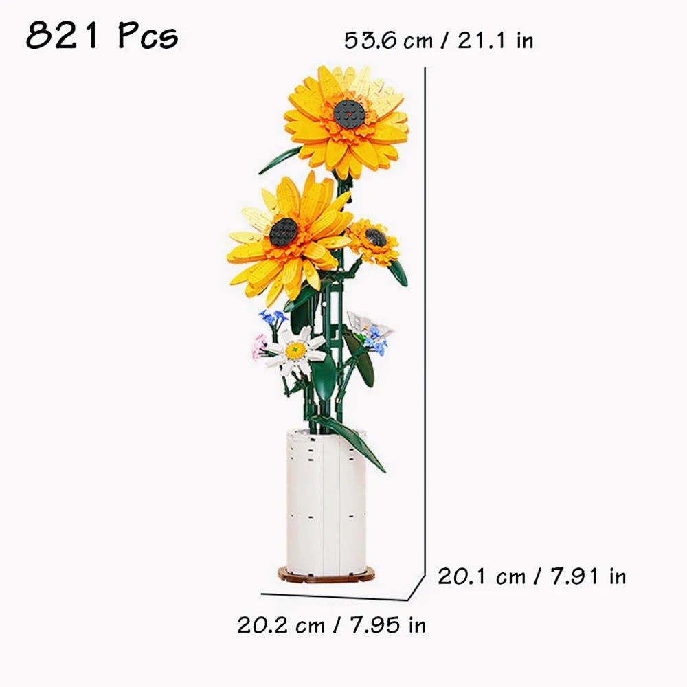 Tournesol en pot pour décoration de maison, modèle floral, briques de bricolage, jouet de fleurs, construction de nuits, cadeaux pour enfants, filles, créativité, nouveau, 821 pièces