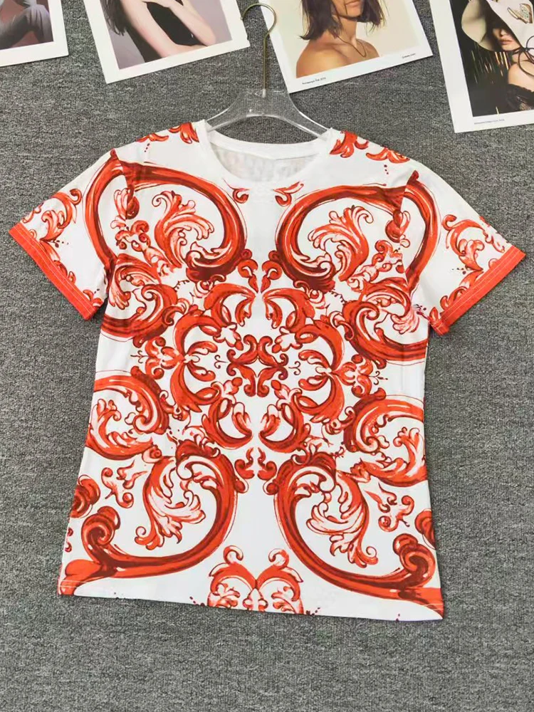 2026 Summer Women's Clothing Retro Geometric Print Knitted Pullover T-shirt Two-piece Set + High Waist Loose Skirt Fashion Suit