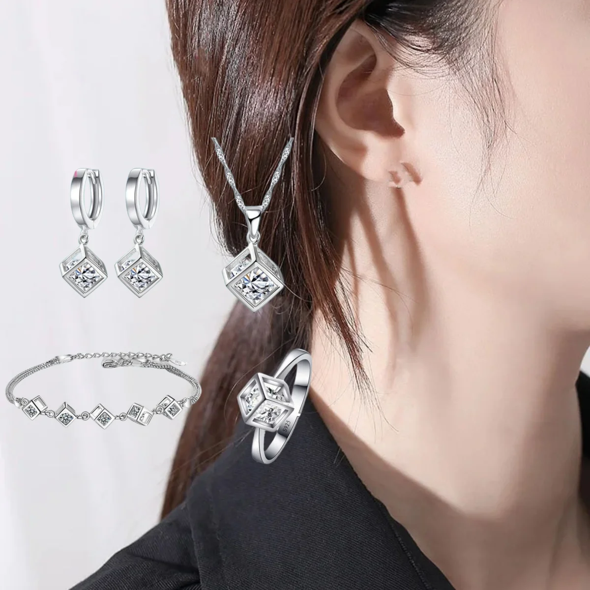 

Classic 925 Sterling Silver Square Crystal Zircon Necklace Earrings Ring Bracelet Set For Women Girls Wedding Party Jewelry Gift