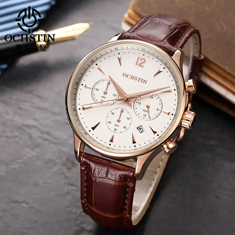Genuine ochstin popular men's watch, three-eye timing multi-functional business waterproof quartz watch