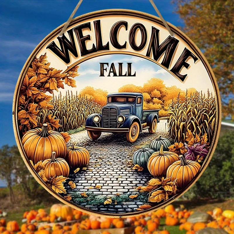 Charming Autumn Harvest & Thanksgiving Wooden Sign - Pumpkin Truck Welcome Fall Decor for Farmhouse Porch, Door, or Wall
