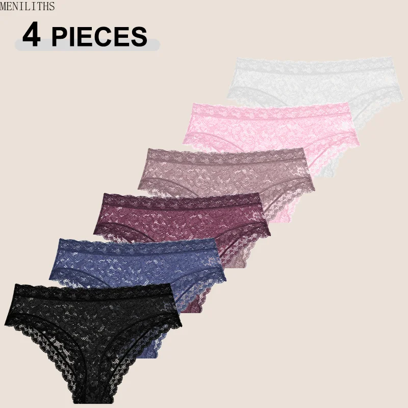 4Pcs/Set Women's Sexy Lace High Rise Panties Seamless Solid Color Breathable Underwear Comfortable Perspective Intimate Lingerie