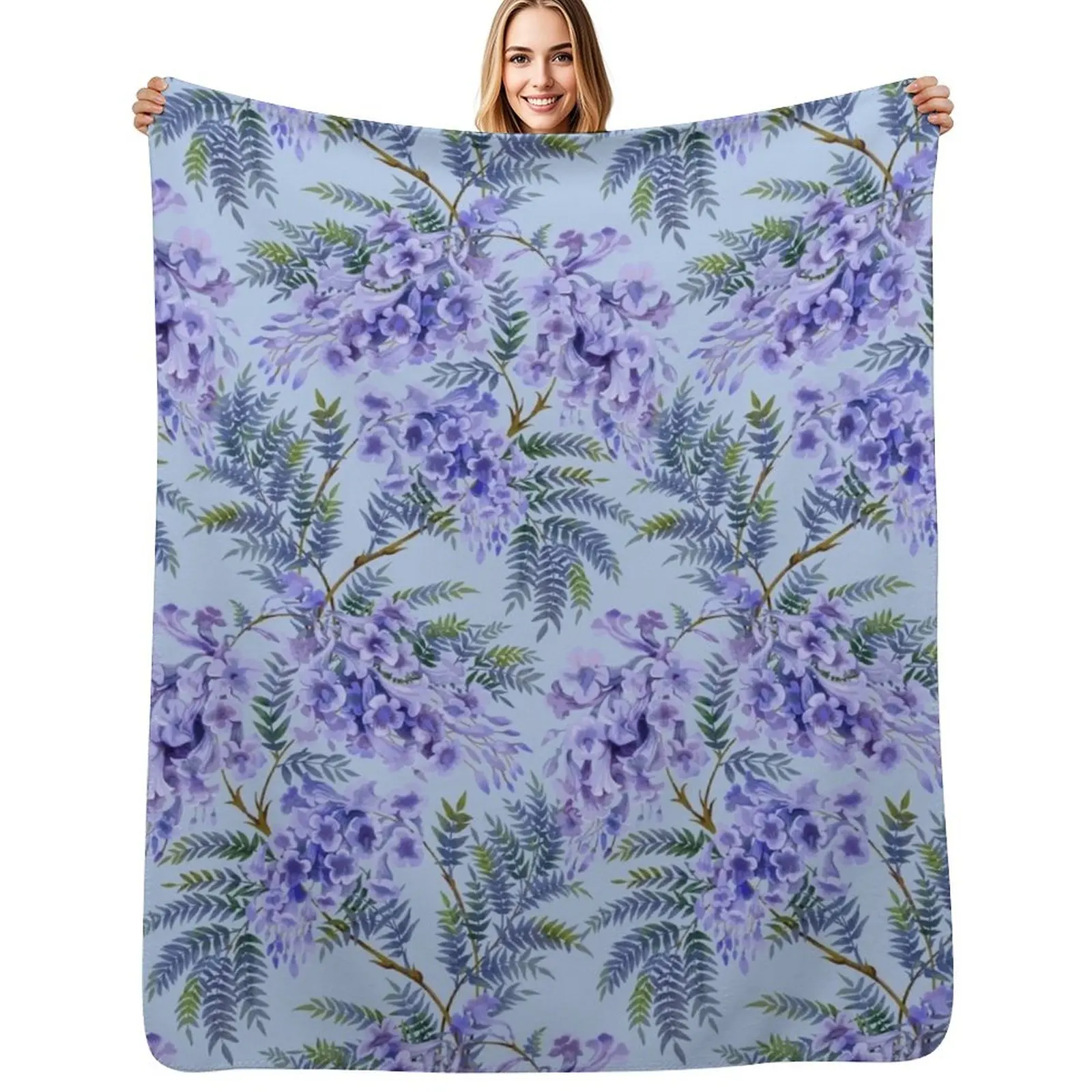 Árbol de Jacaranda con flores y hojas. Manta con diseño sin costuras, manta acogedora para primavera y otoño, para sofá