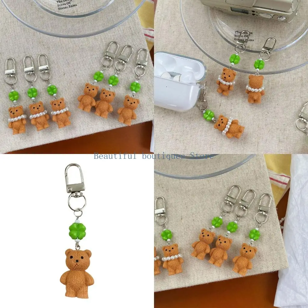 U4LF Compact Bear Keychain Bag Charm with Green Bead Accent and Silver-Tone Connector for Keys Bags and Small Accessories