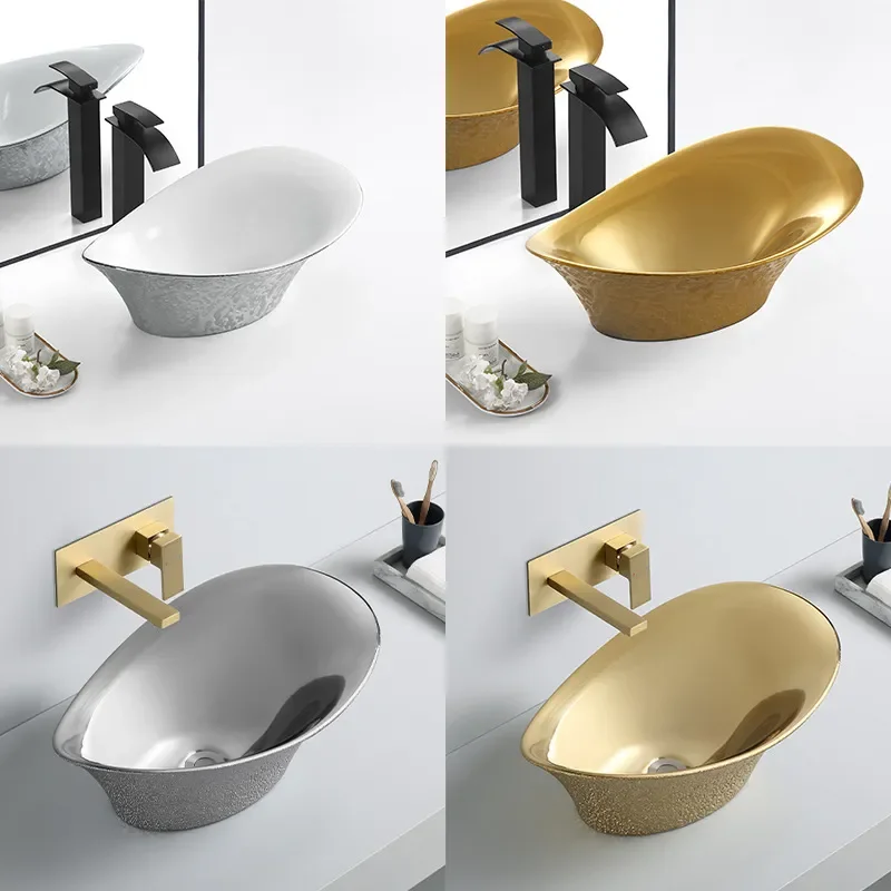 Luxury French Style Ceramic Wash Basin Electroplated Ingot Shape Bathroom Sink Modern Home Decor Vanity Countertop Basin