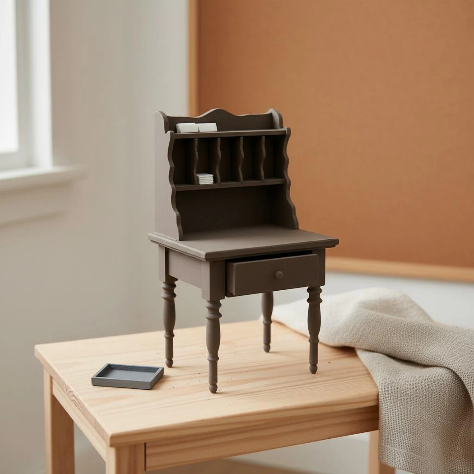 European-Design Dollhouse Desk Front Drawer Dollhouse Desk with Hutch Miniature Table Textured Surface Detailed