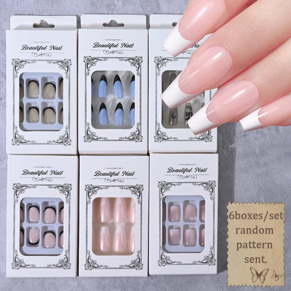 6Boxes Randomly Press On Nails Short Square Medium Almond Mixed Nail Kits Simple Colorful Gradient Glue on False Nails for Girl*